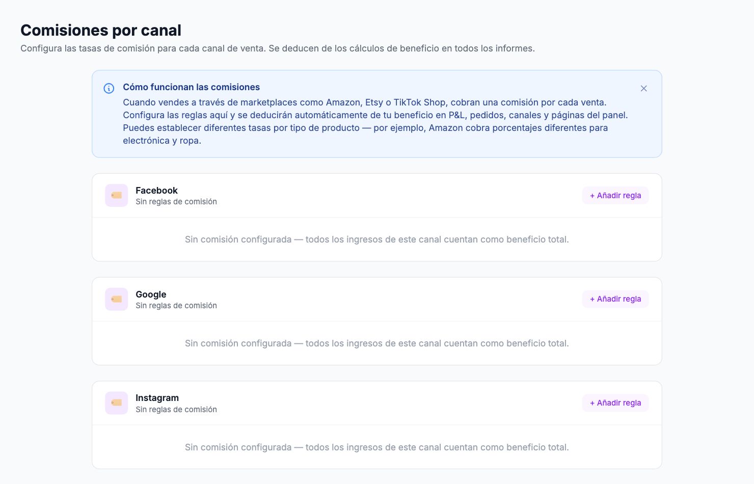 La página Comisiones por canal en Shopimize.