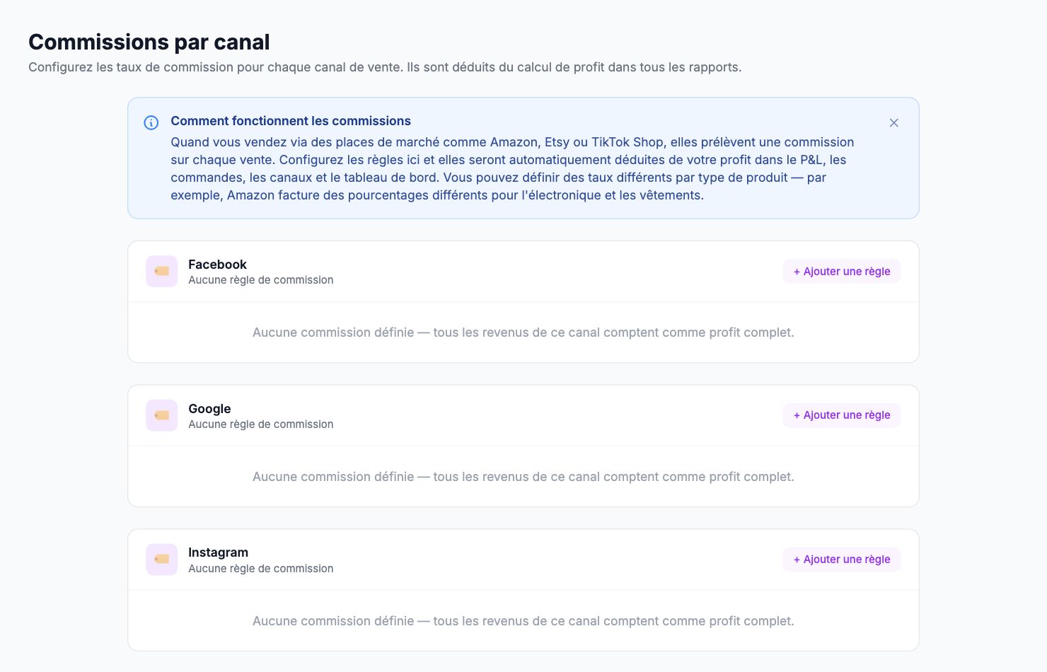 La page Commissions par canal dans Shopimize.