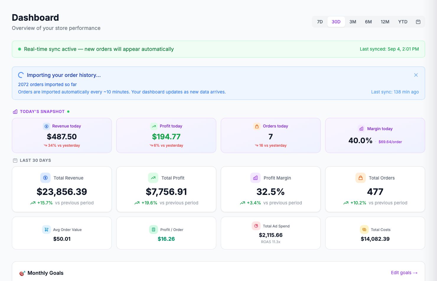 The Dashboard page in Shopimize.