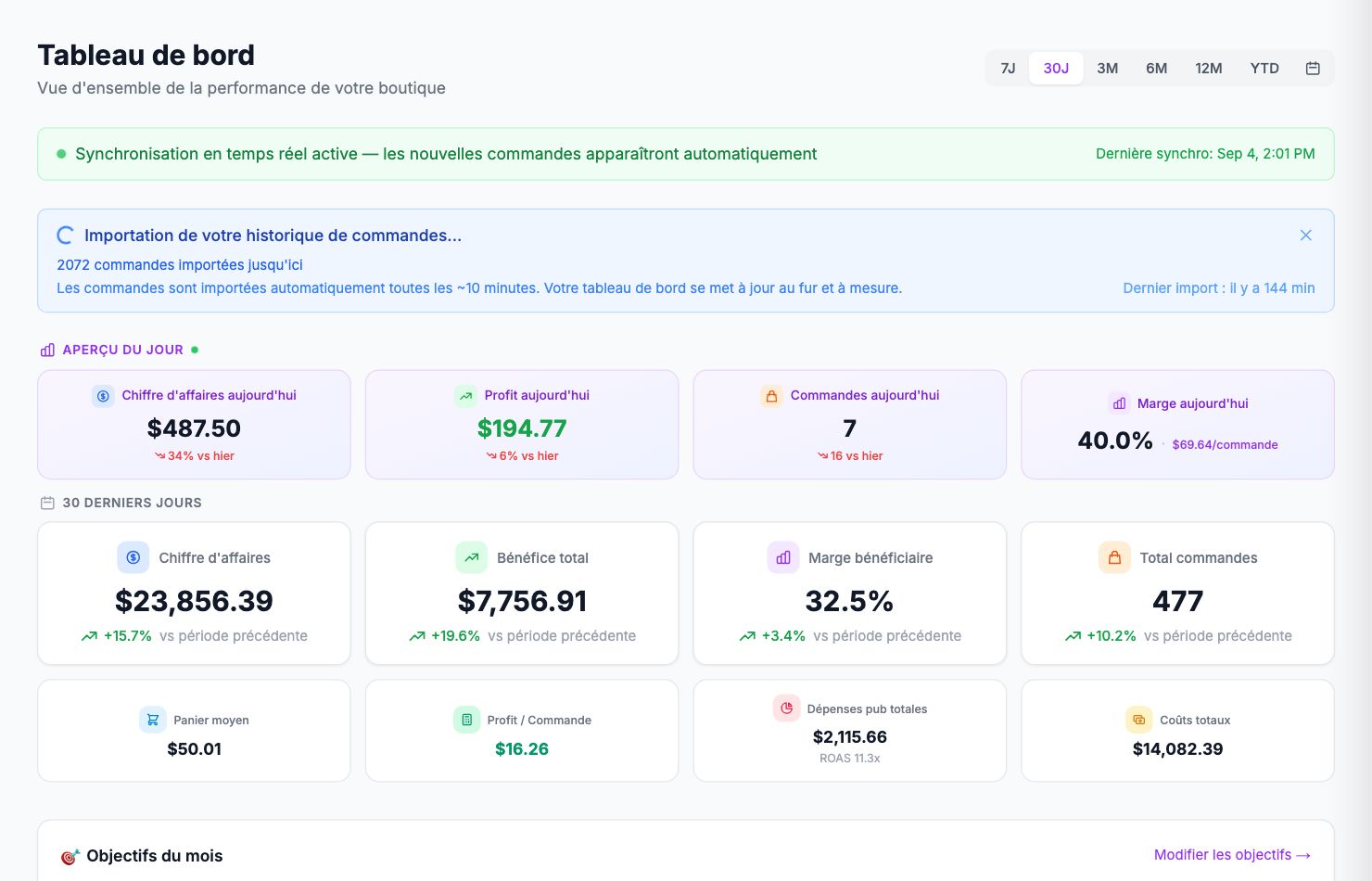 La page Tableau de bord dans Shopimize.