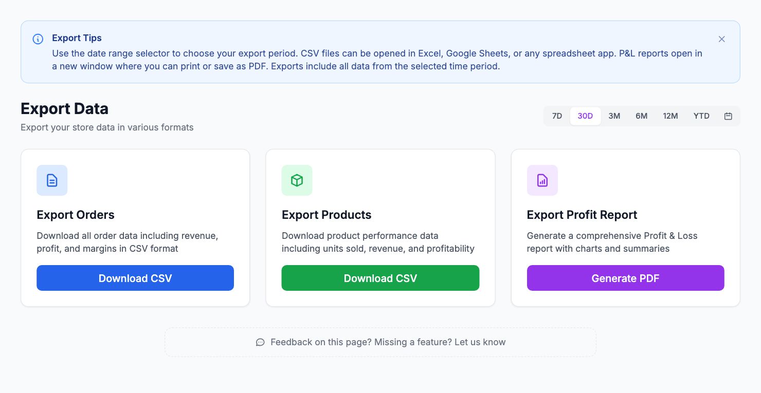 The Export Data page in Shopimize.