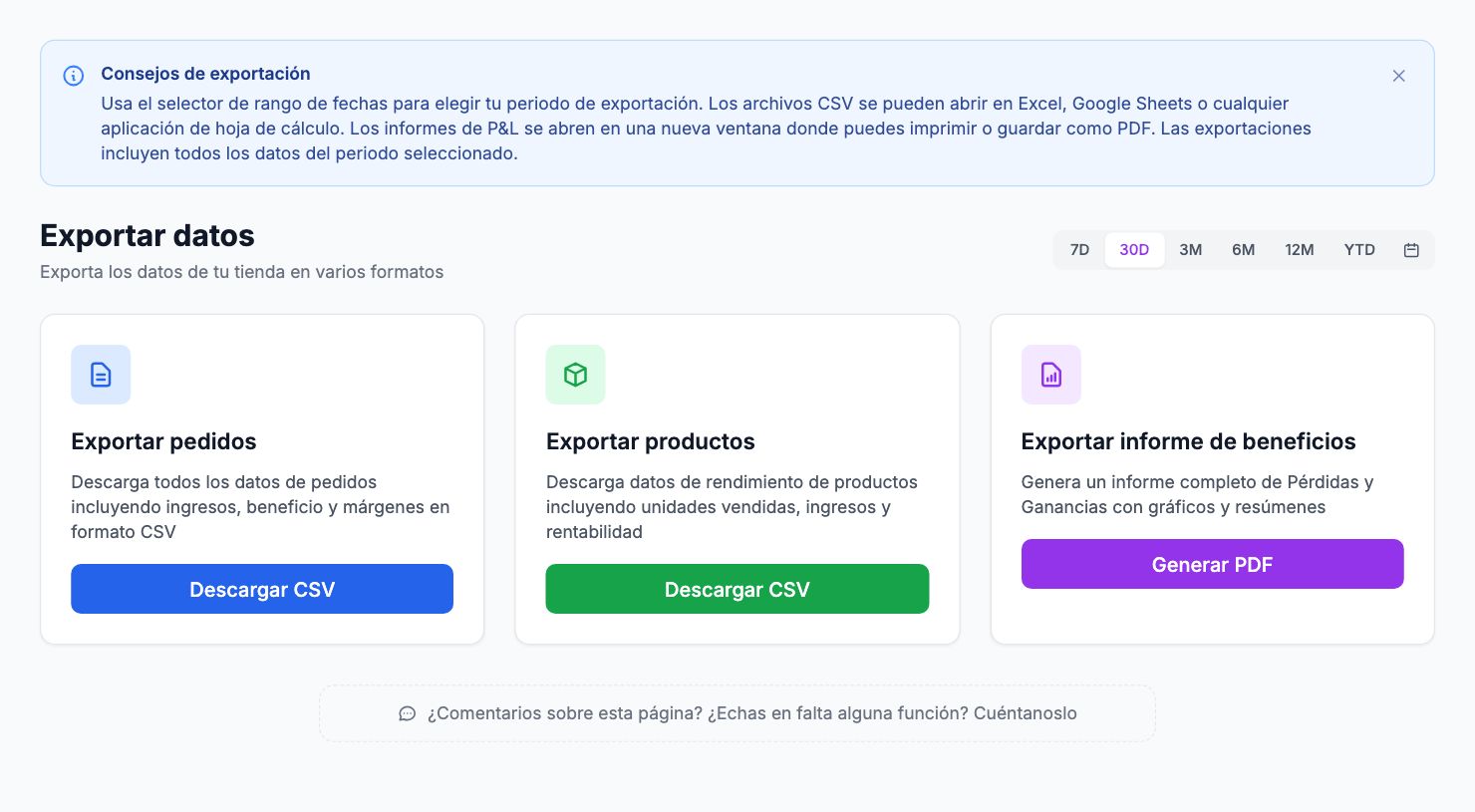 La página Exportar datos en Shopimize.