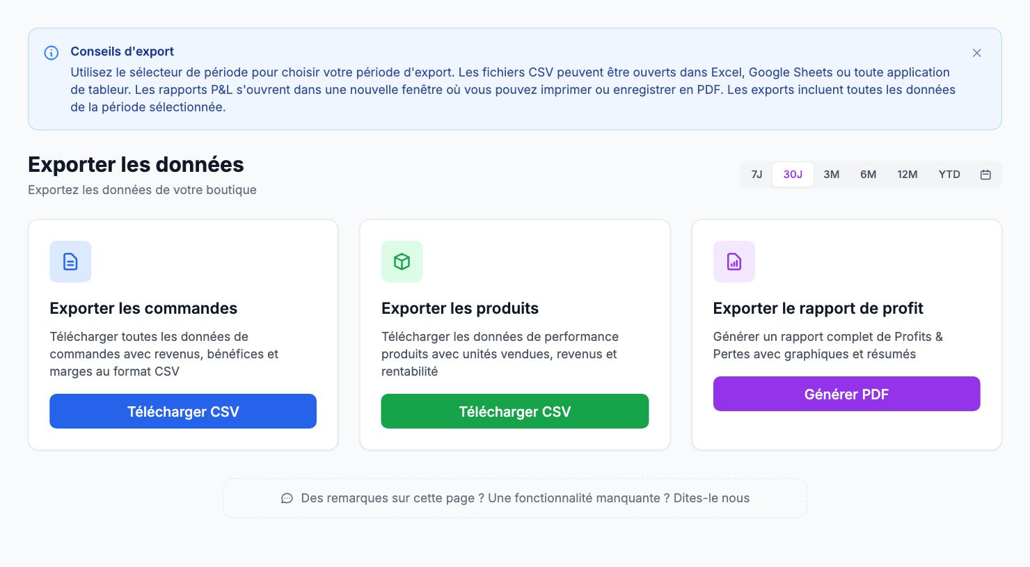 La page Exporter les données dans Shopimize.
