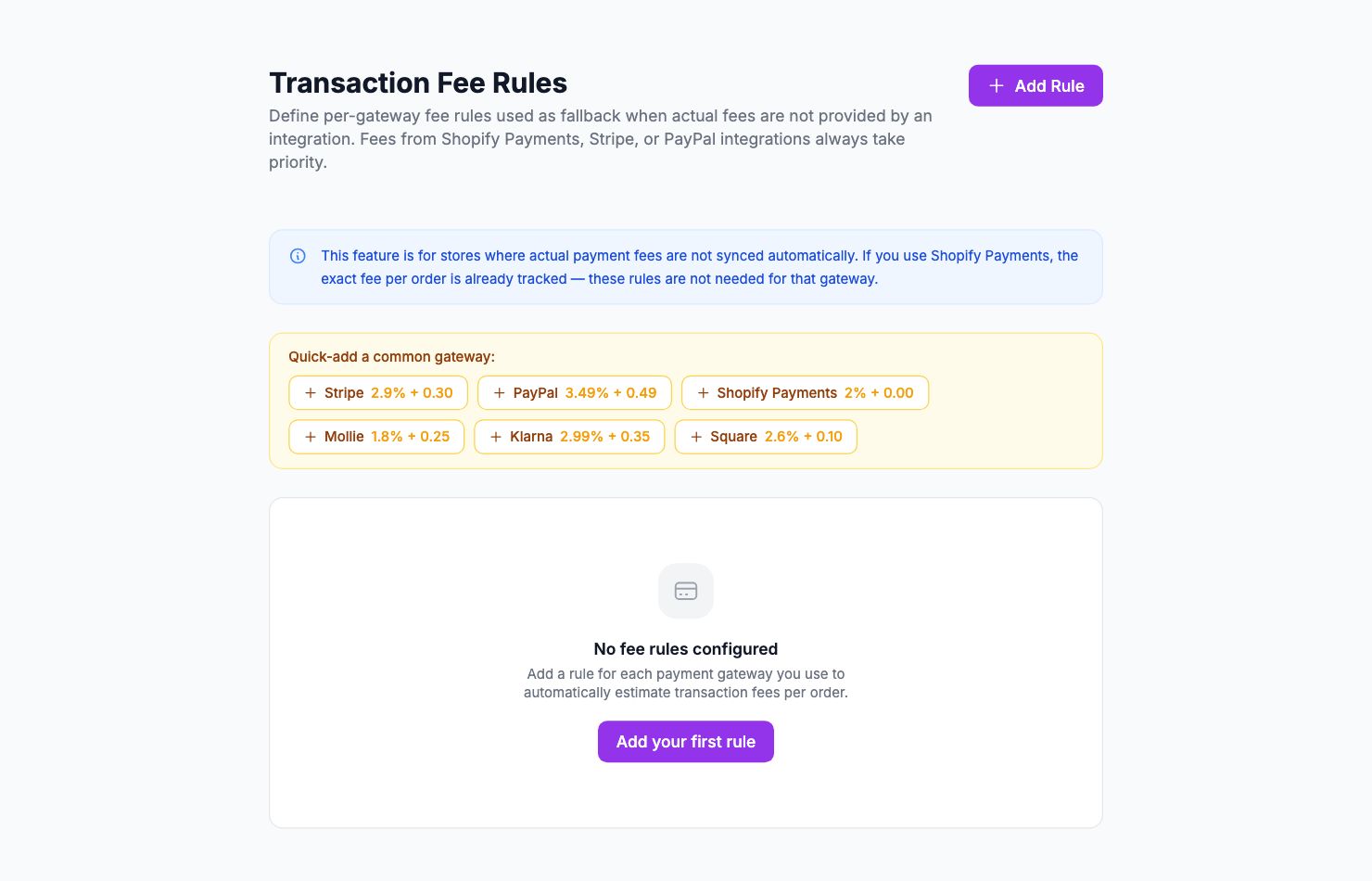 The Transaction Fee Rules page in Shopimize.