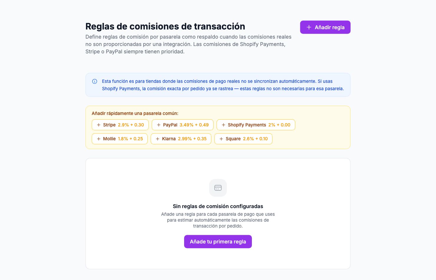 La página Reglas de comisiones de transacción en Shopimize.