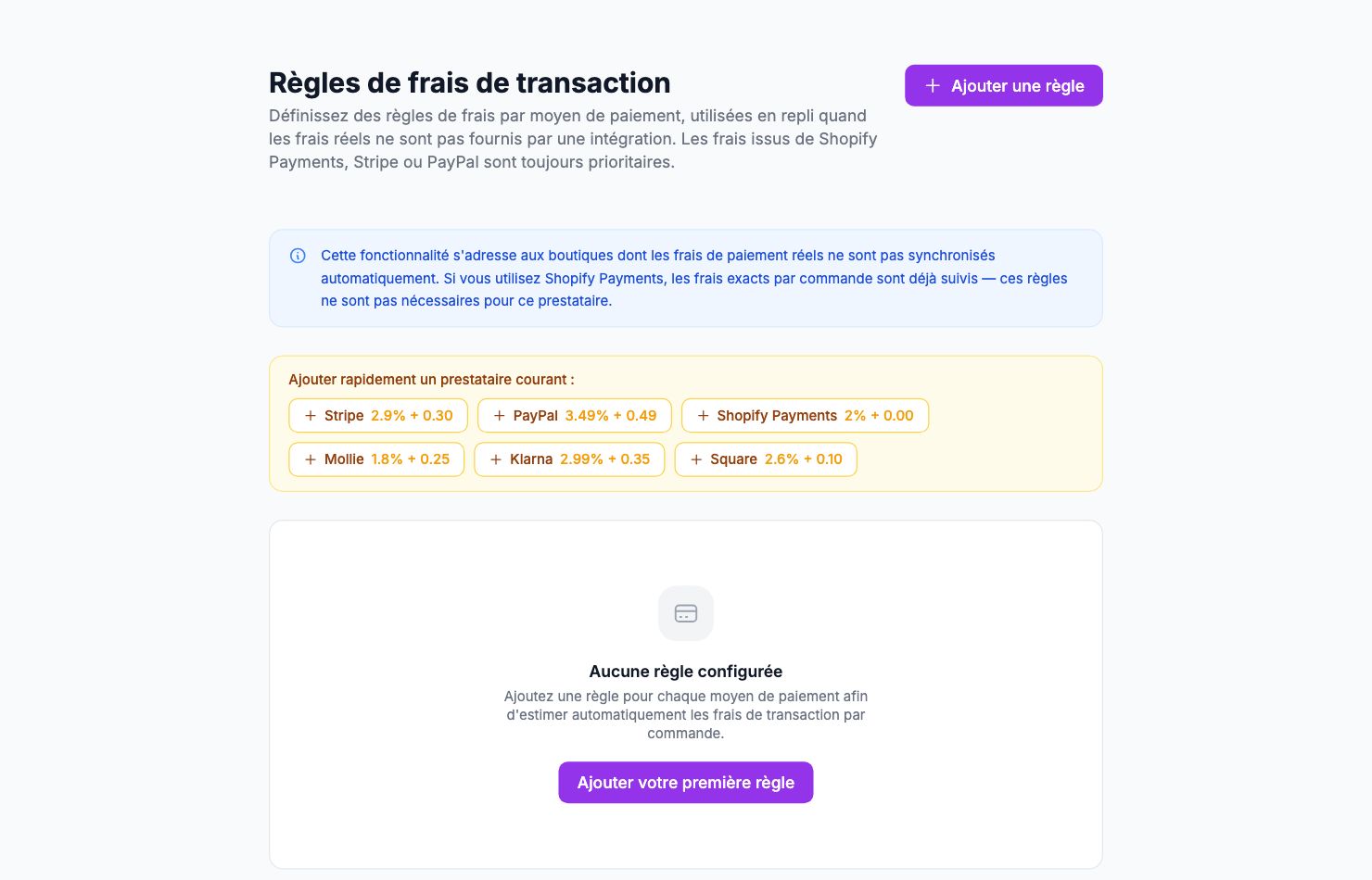 La page Règles de frais de transaction dans Shopimize.