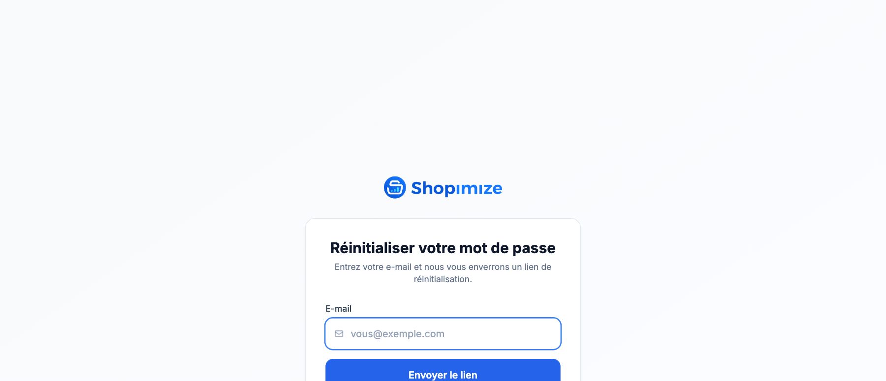 La page de réinitialisation du mot de passe, atteinte via Mot de passe oublié ? sur l'écran de connexion.