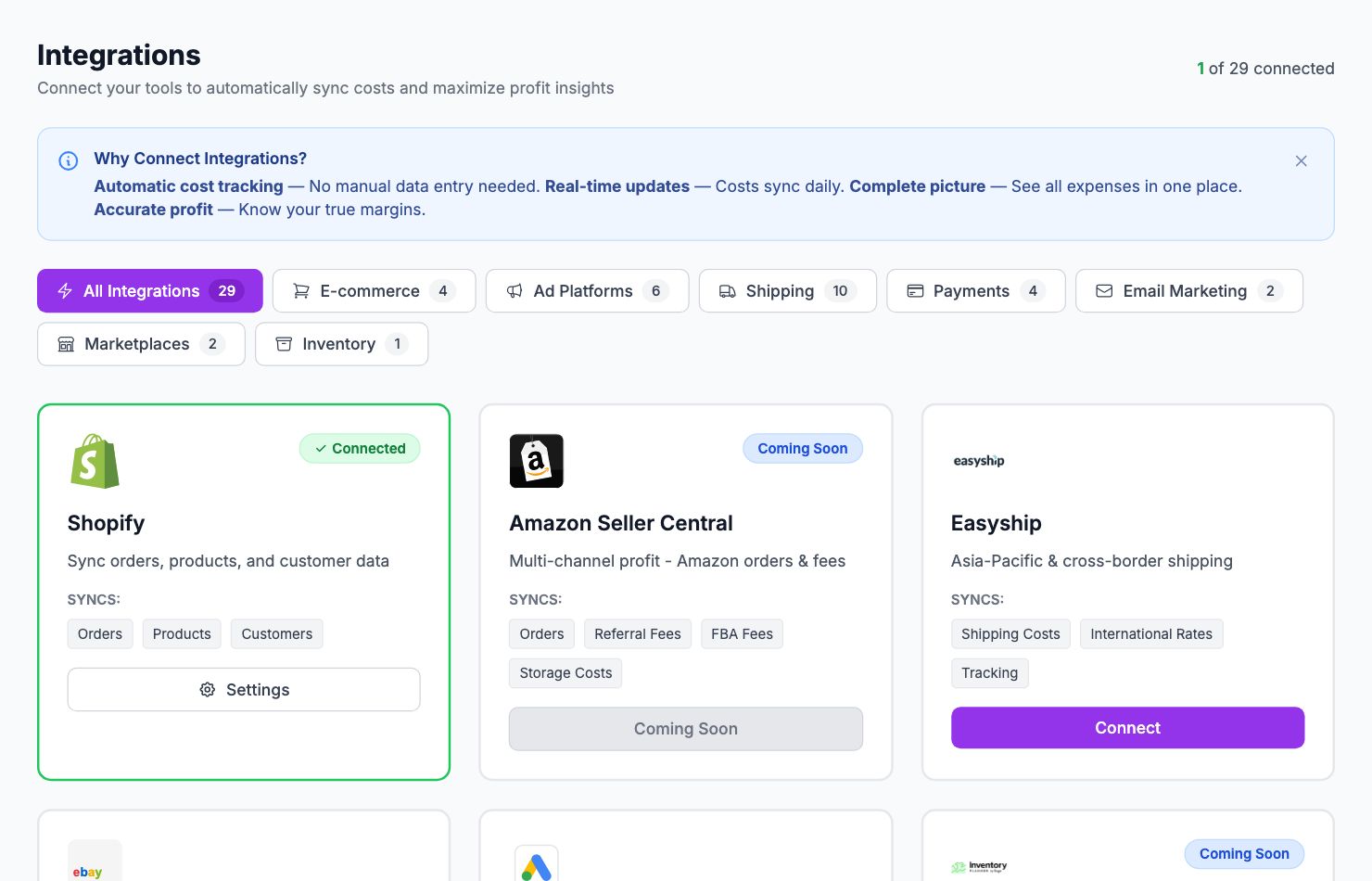 The Integrations page in Shopimize.
