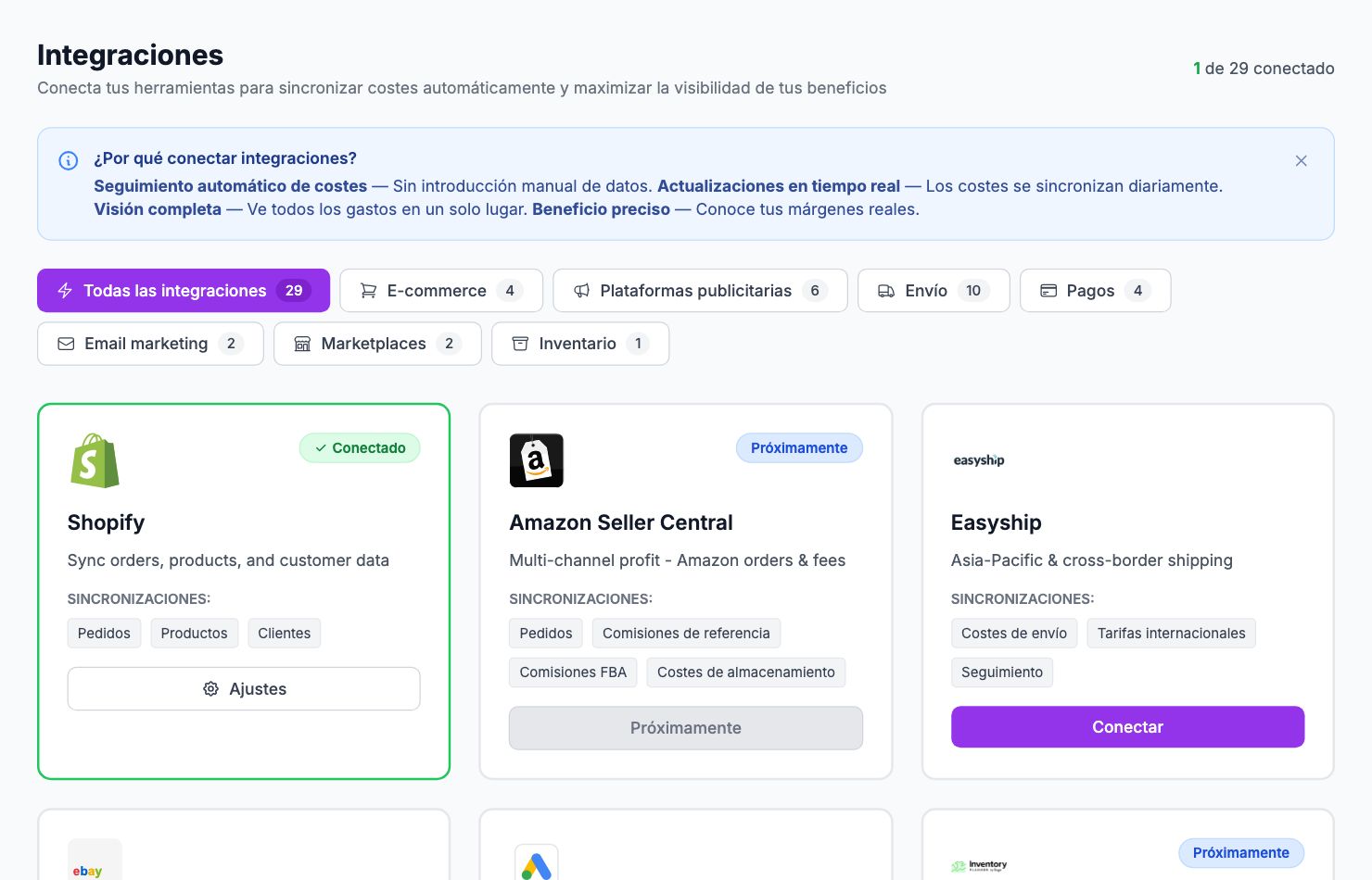 La página Integraciones en Shopimize.
