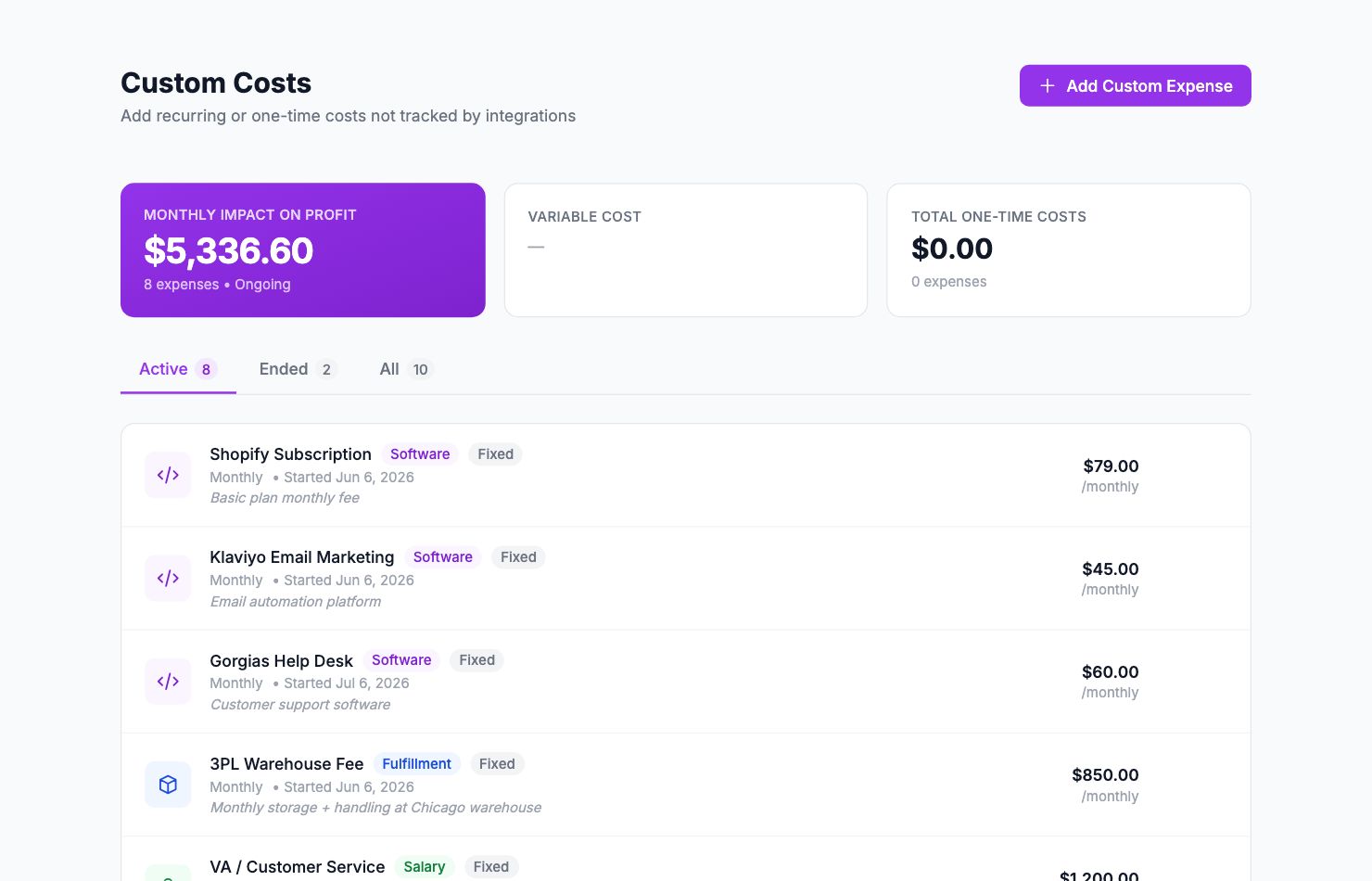 The Custom Costs page in Shopimize.