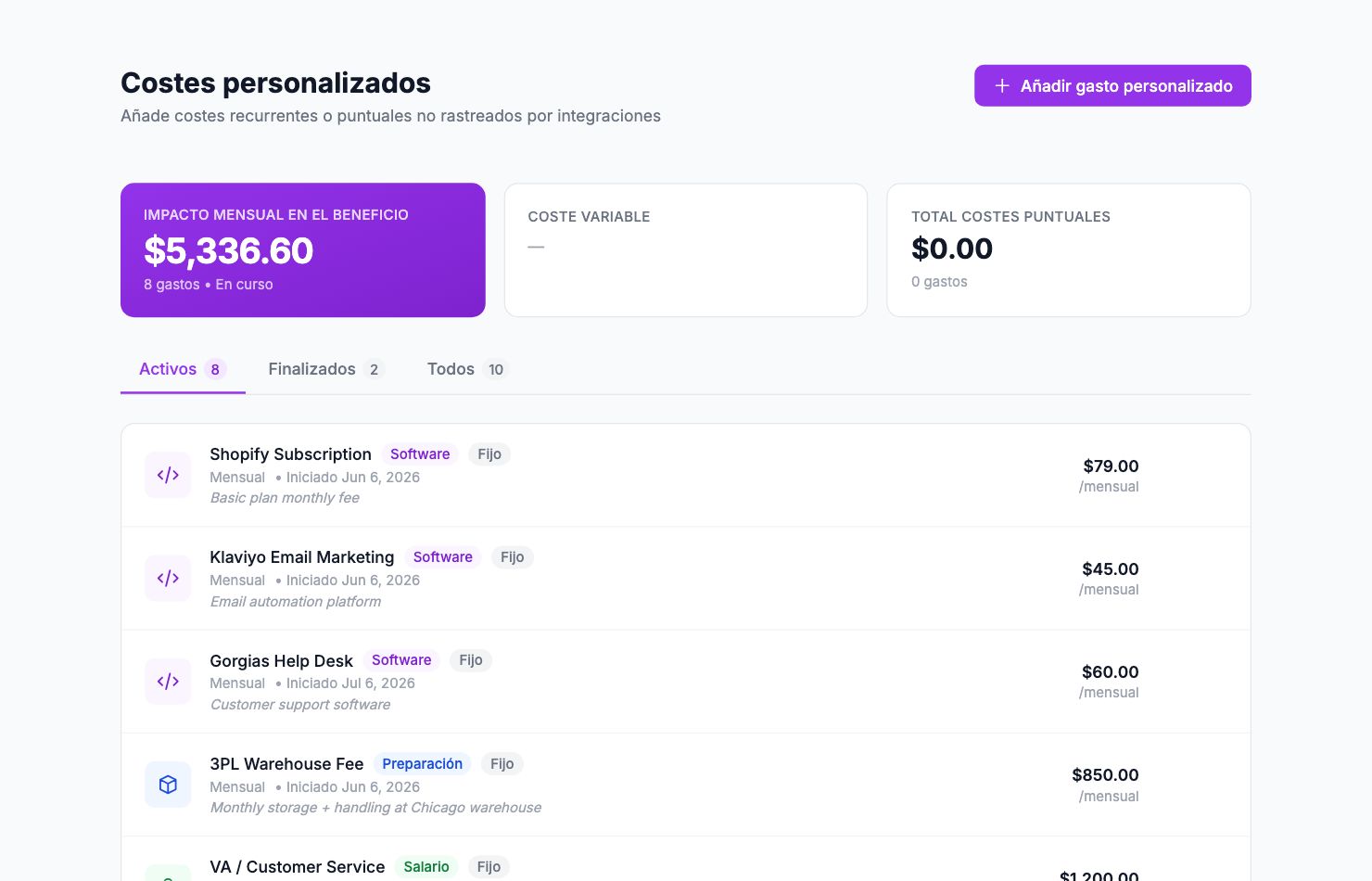 La página Costes personalizados en Shopimize.