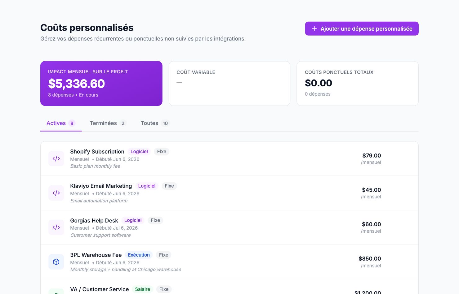La page Coûts personnalisés dans Shopimize.