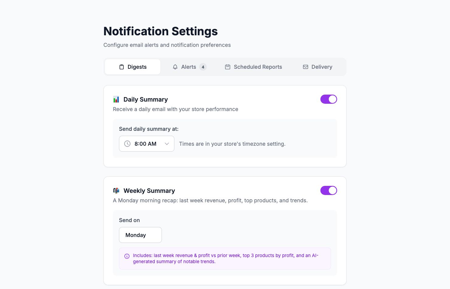 The Notification Settings page in Shopimize.