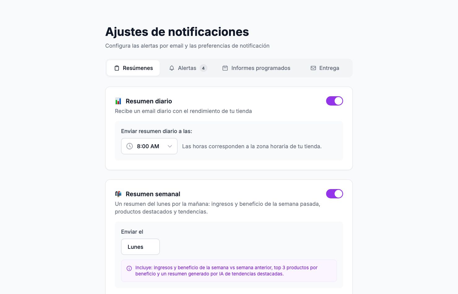 La página Ajustes de notificaciones en Shopimize.