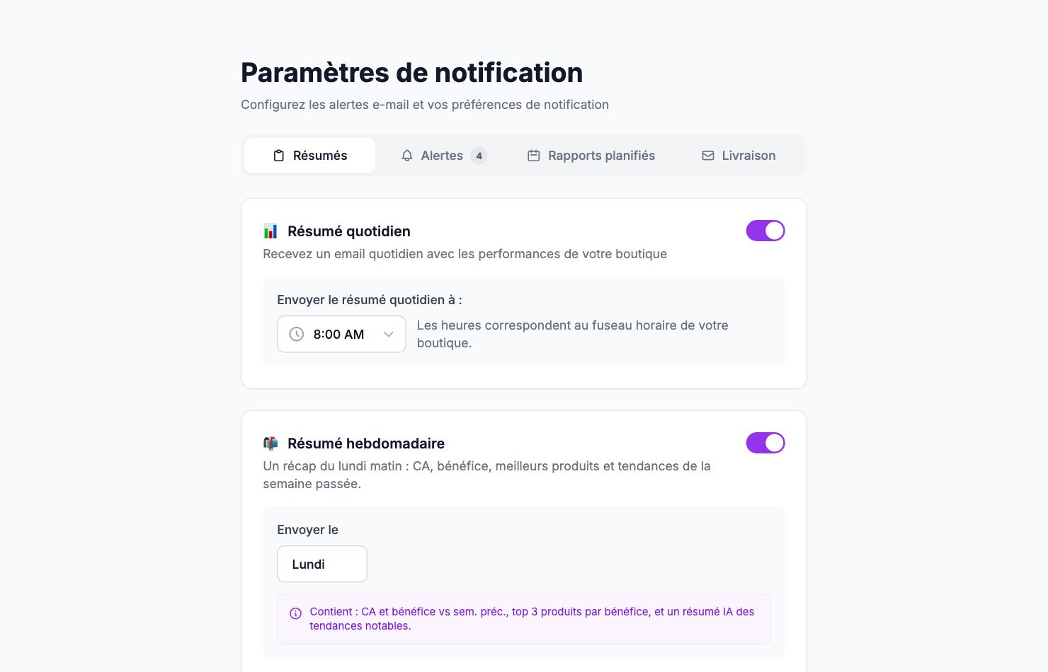 La page Paramètres de notification dans Shopimize.