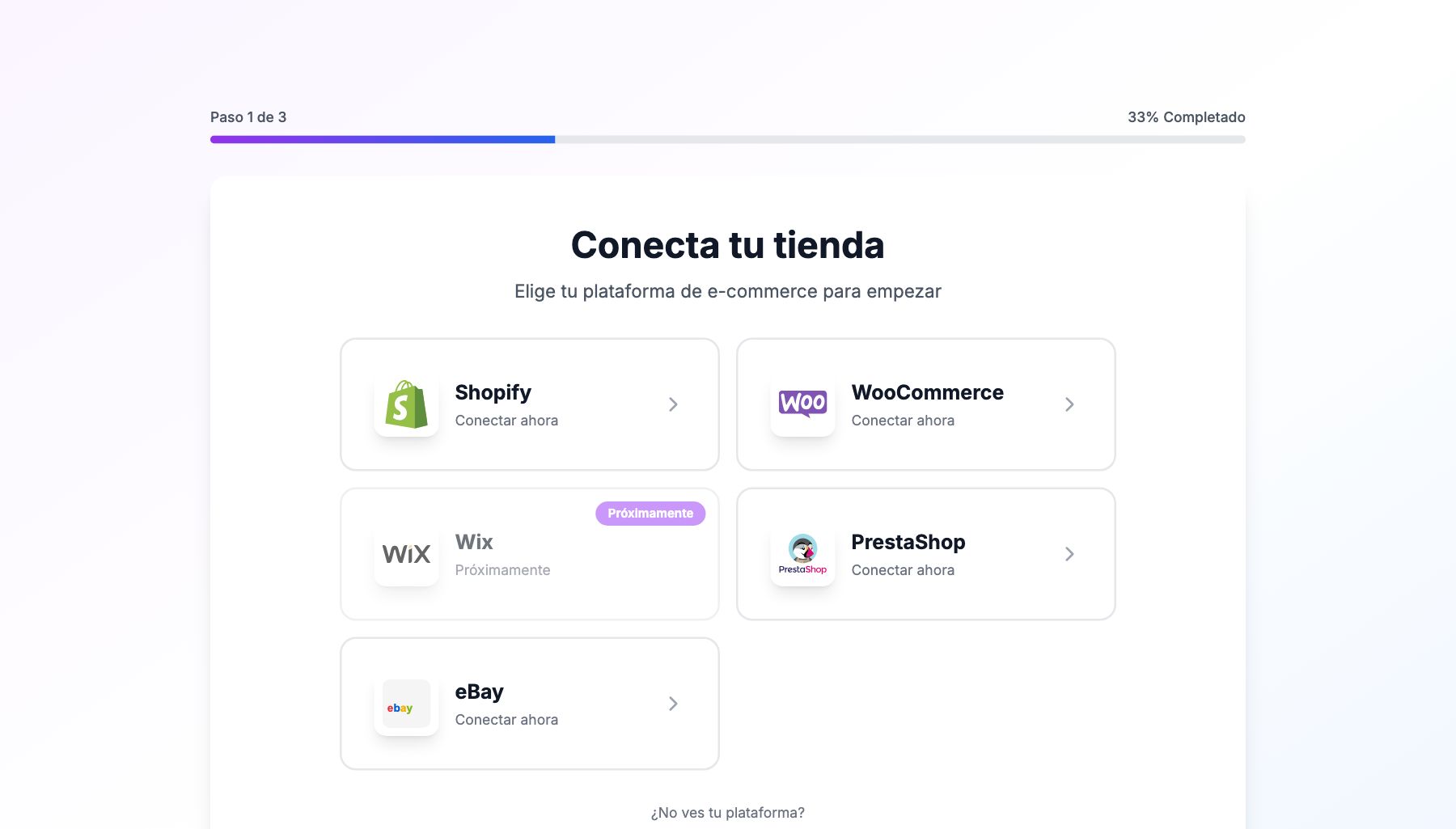 Paso 1 del asistente de configuración: elegir la plataforma de su tienda.