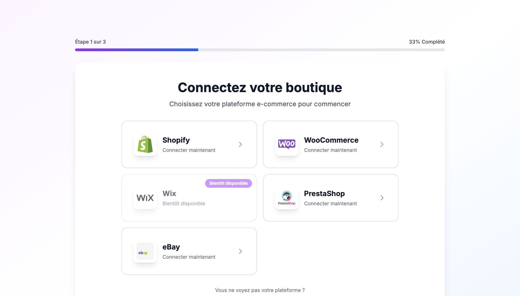 Étape 1 de l'assistant de configuration : choisir la plateforme de votre boutique.