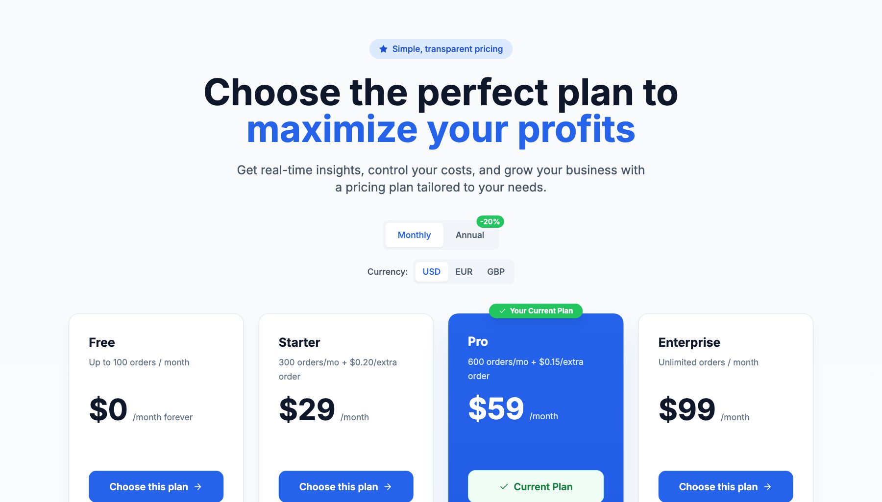 The Choose the perfect plan to page in Shopimize.