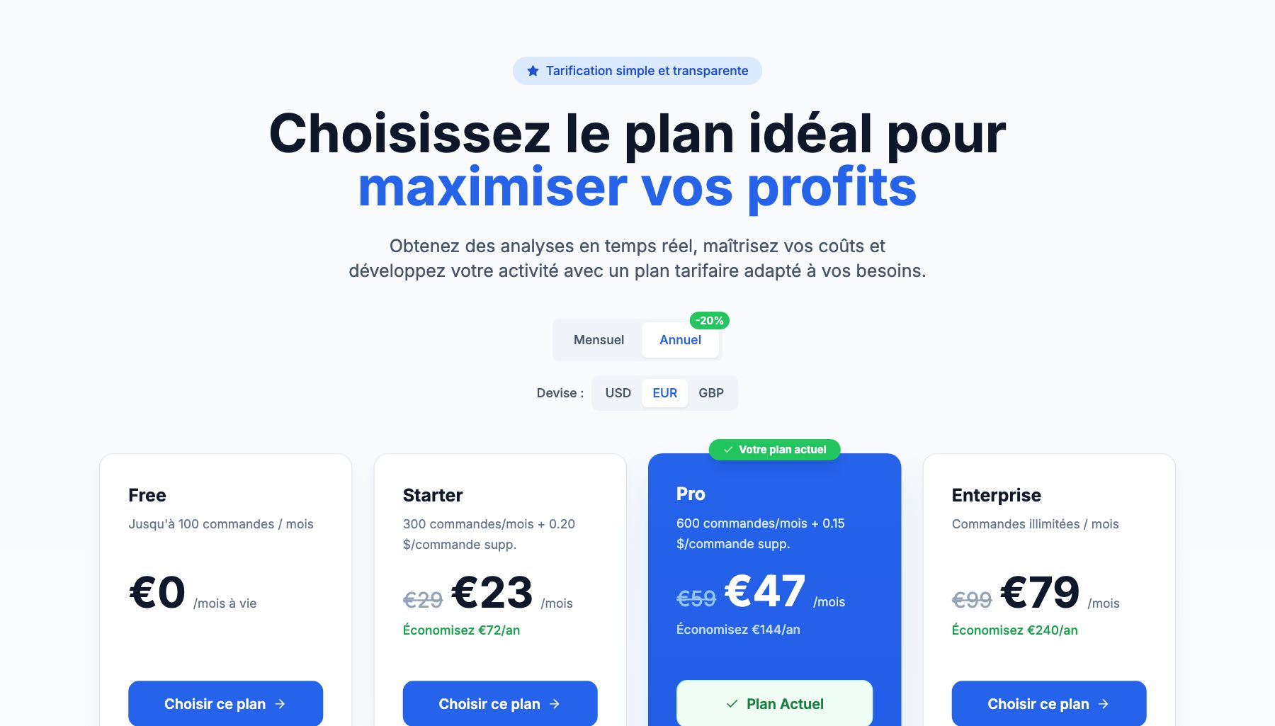La page Choisissez le plan idéal pour dans Shopimize.