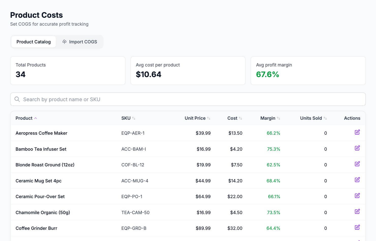The Product Costs page in Shopimize.
