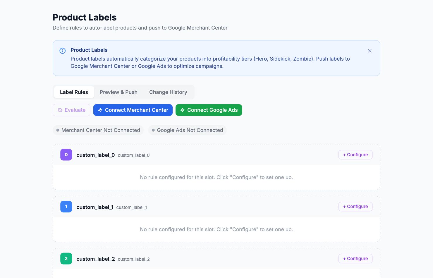 The Product Labels page in Shopimize.