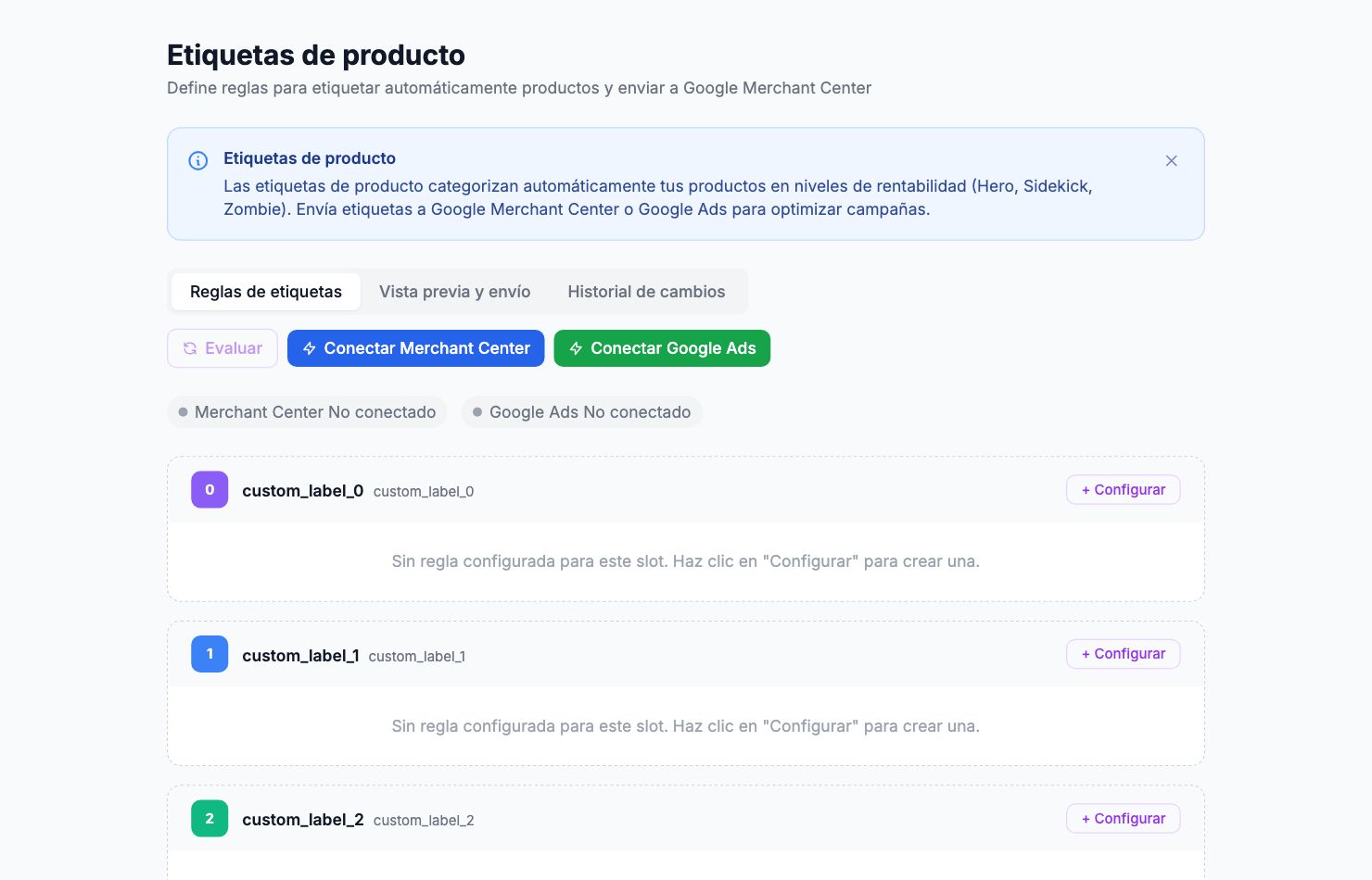 La página Etiquetas de producto en Shopimize.