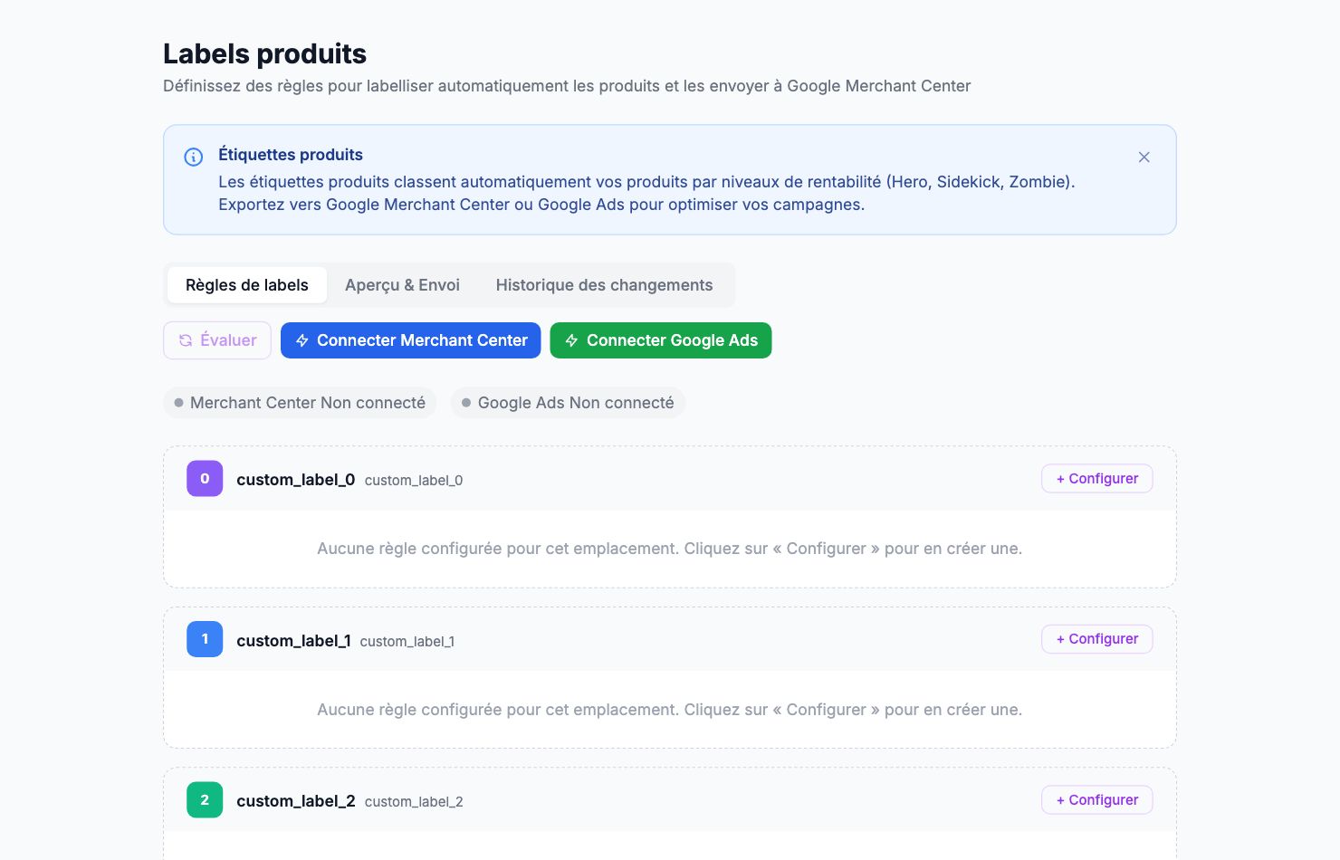 La page Labels produits dans Shopimize.