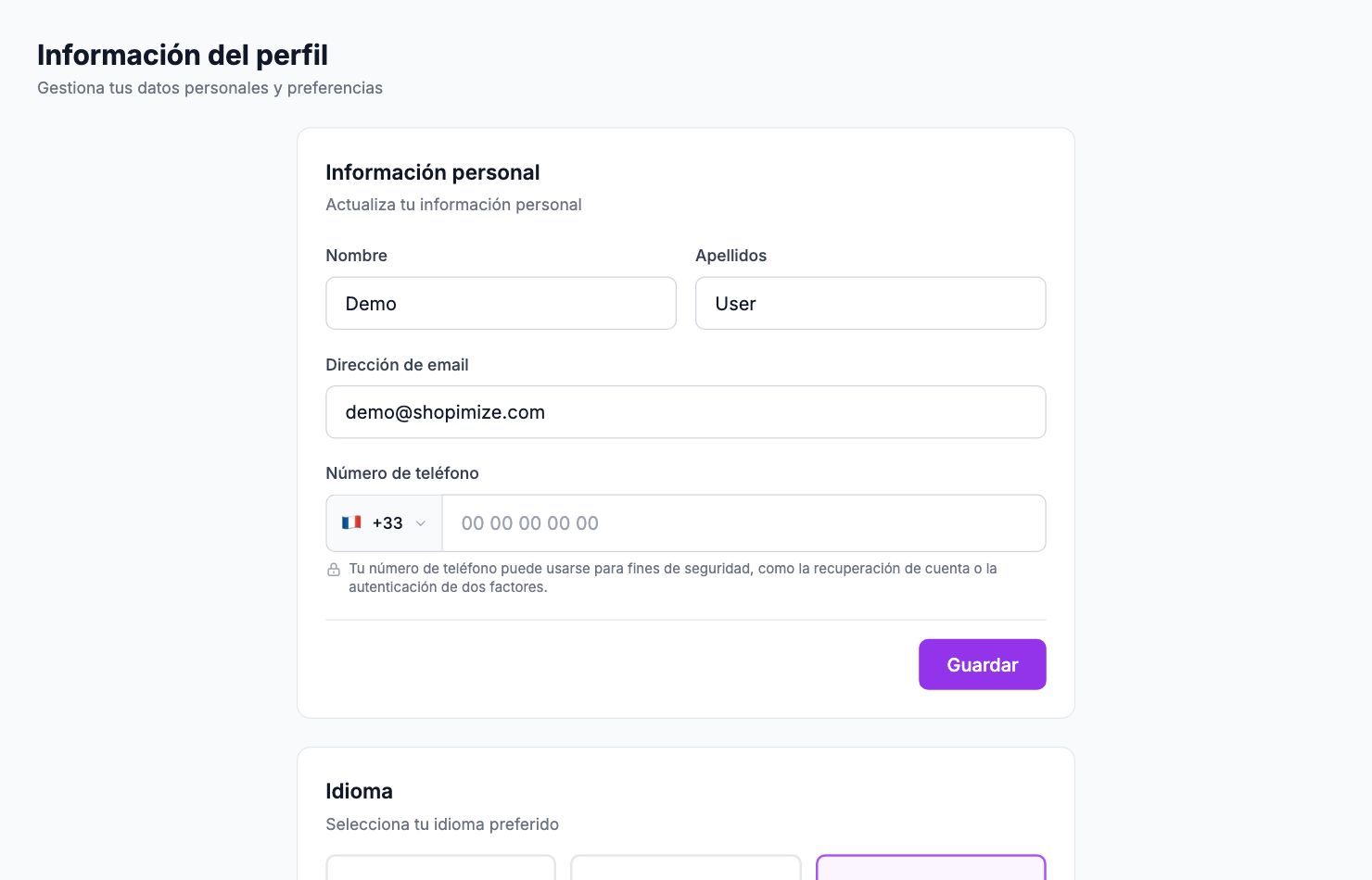 La página Información del perfil en Shopimize.