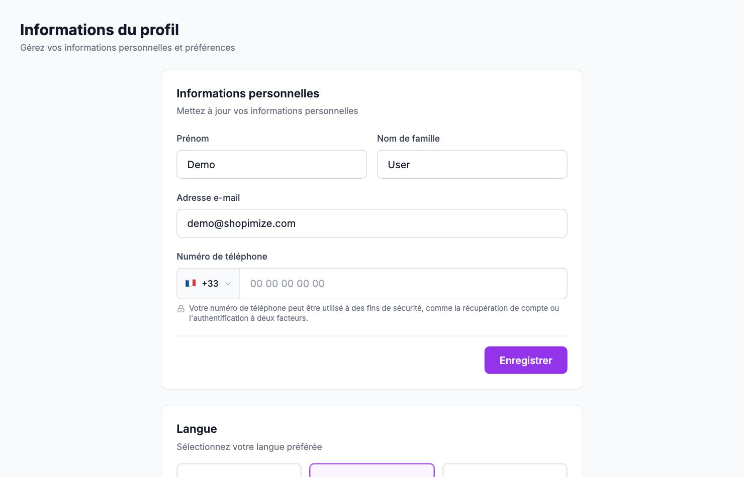 La page Informations du profil dans Shopimize.