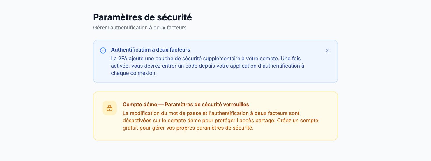 La page Paramètres de sécurité dans Shopimize.