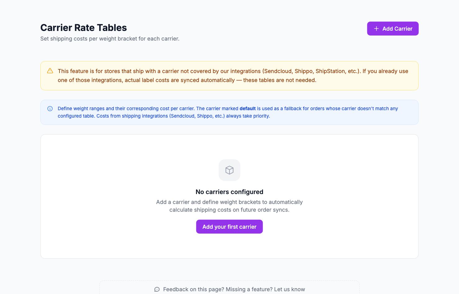 The Carrier Rate Tables page in Shopimize.