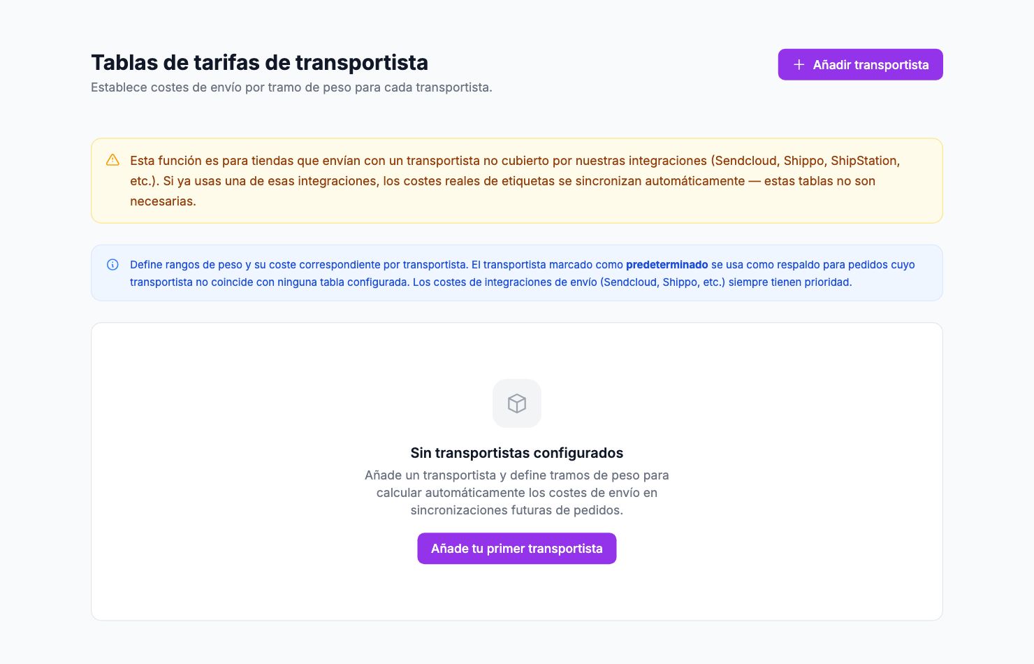 La página Tablas de tarifas de transportista en Shopimize.
