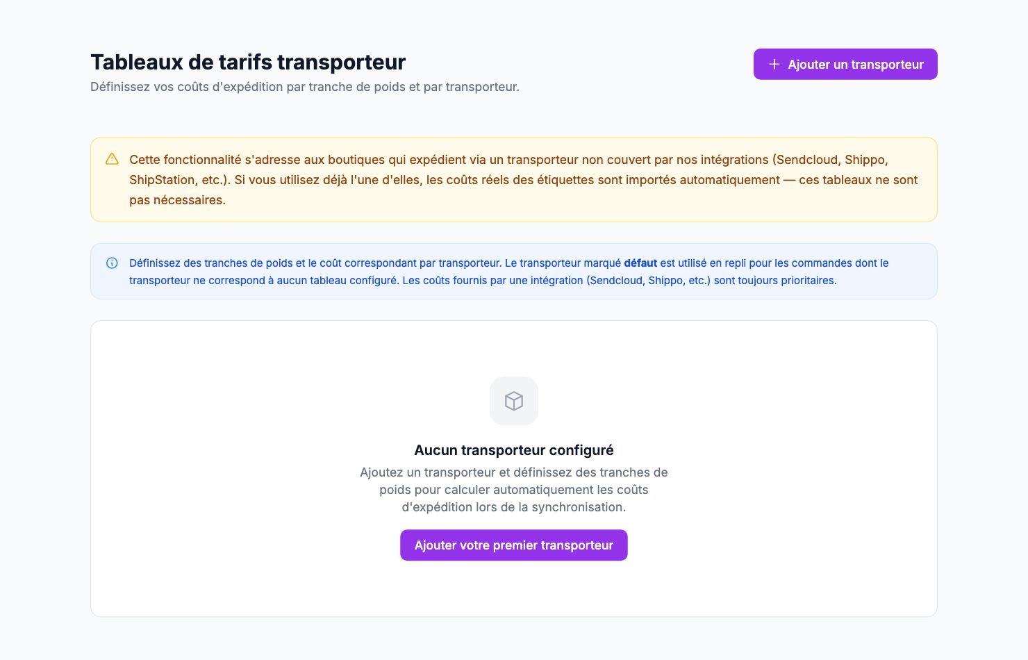 La page Tableaux de tarifs transporteur dans Shopimize.