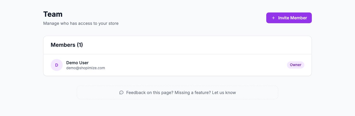 The Team page in Shopimize.