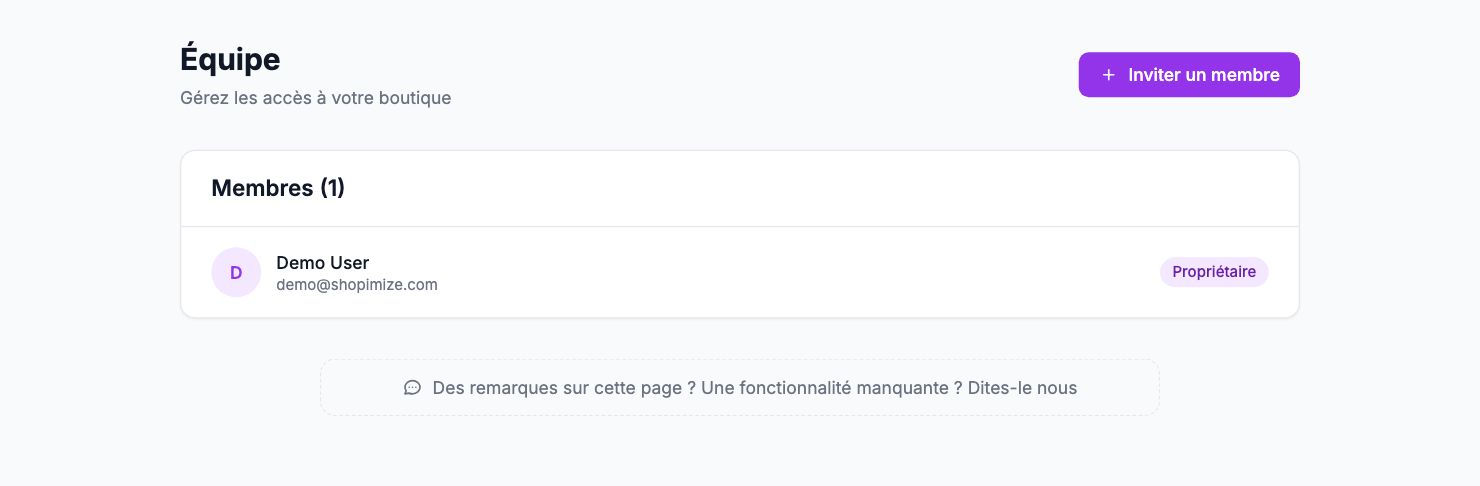 La page Équipe dans Shopimize.