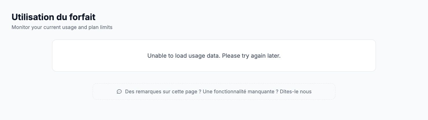 La page Utilisation du forfait dans Shopimize.