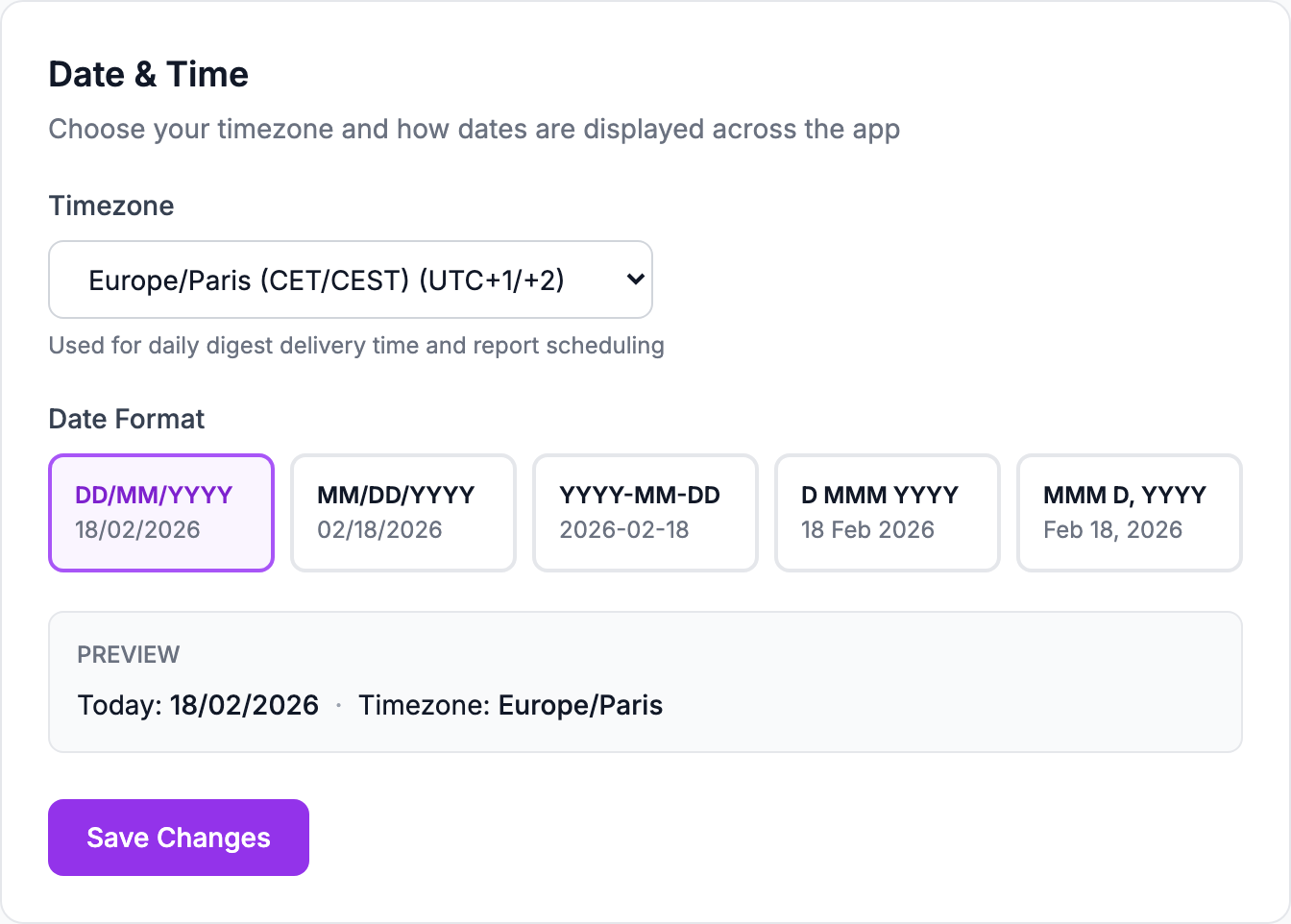 The Date & Time section of Settings → Profile: timezone and date format.