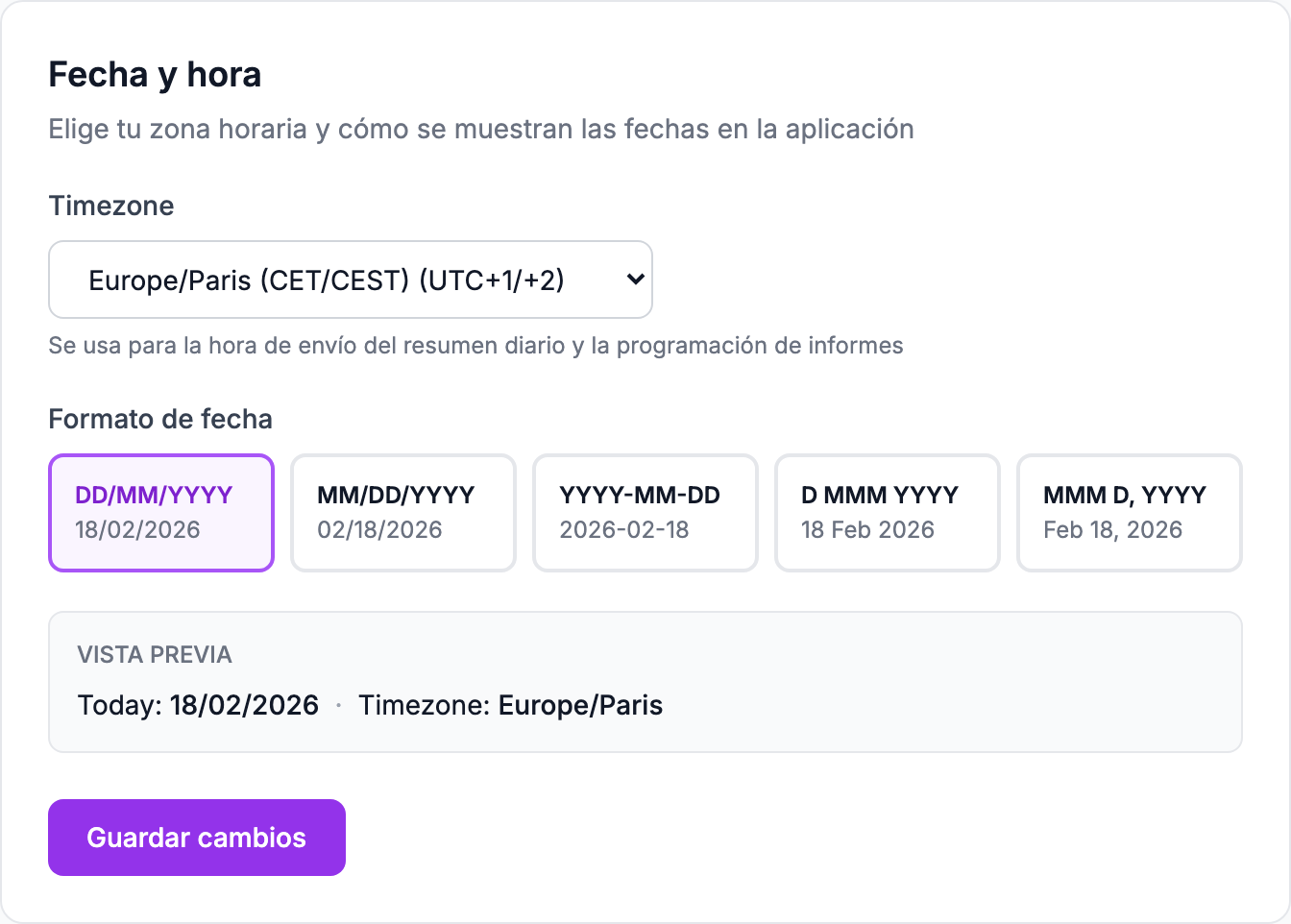 La sección Fecha y hora en Configuración → Perfil: zona horaria y formato de fecha.