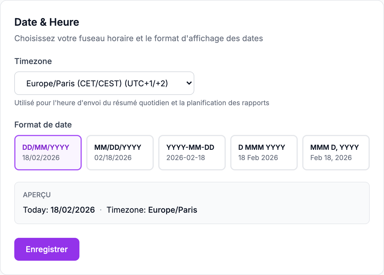 La section Date et heure dans Paramètres → Profil : fuseau horaire et format de date.