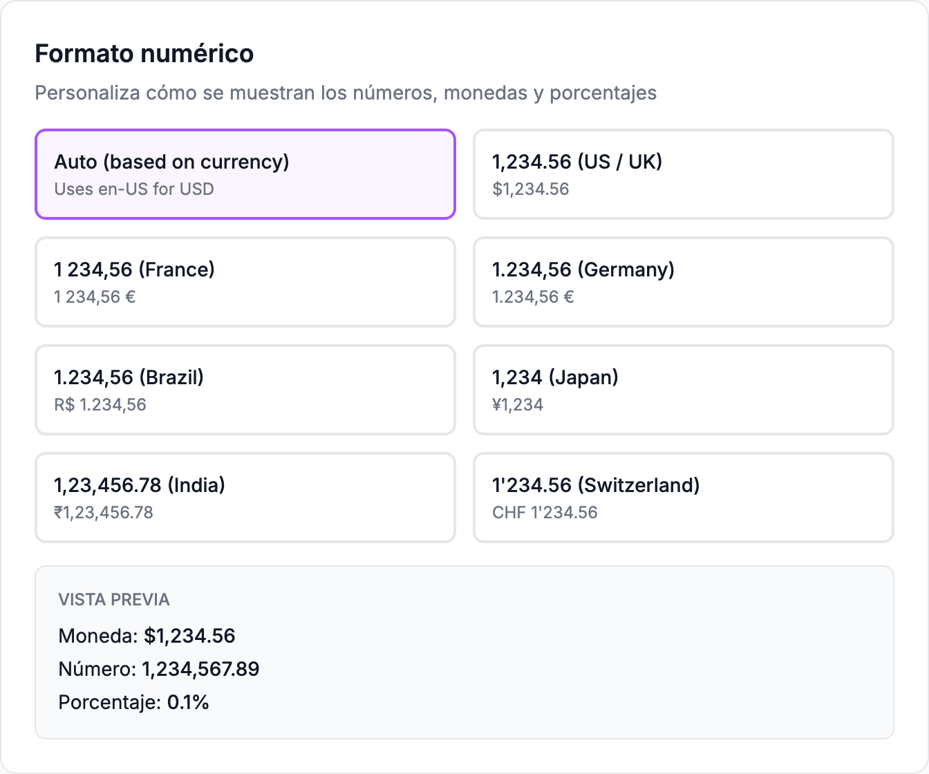 La sección Formato de números en Configuración → Perfil, con una vista previa en su moneda.